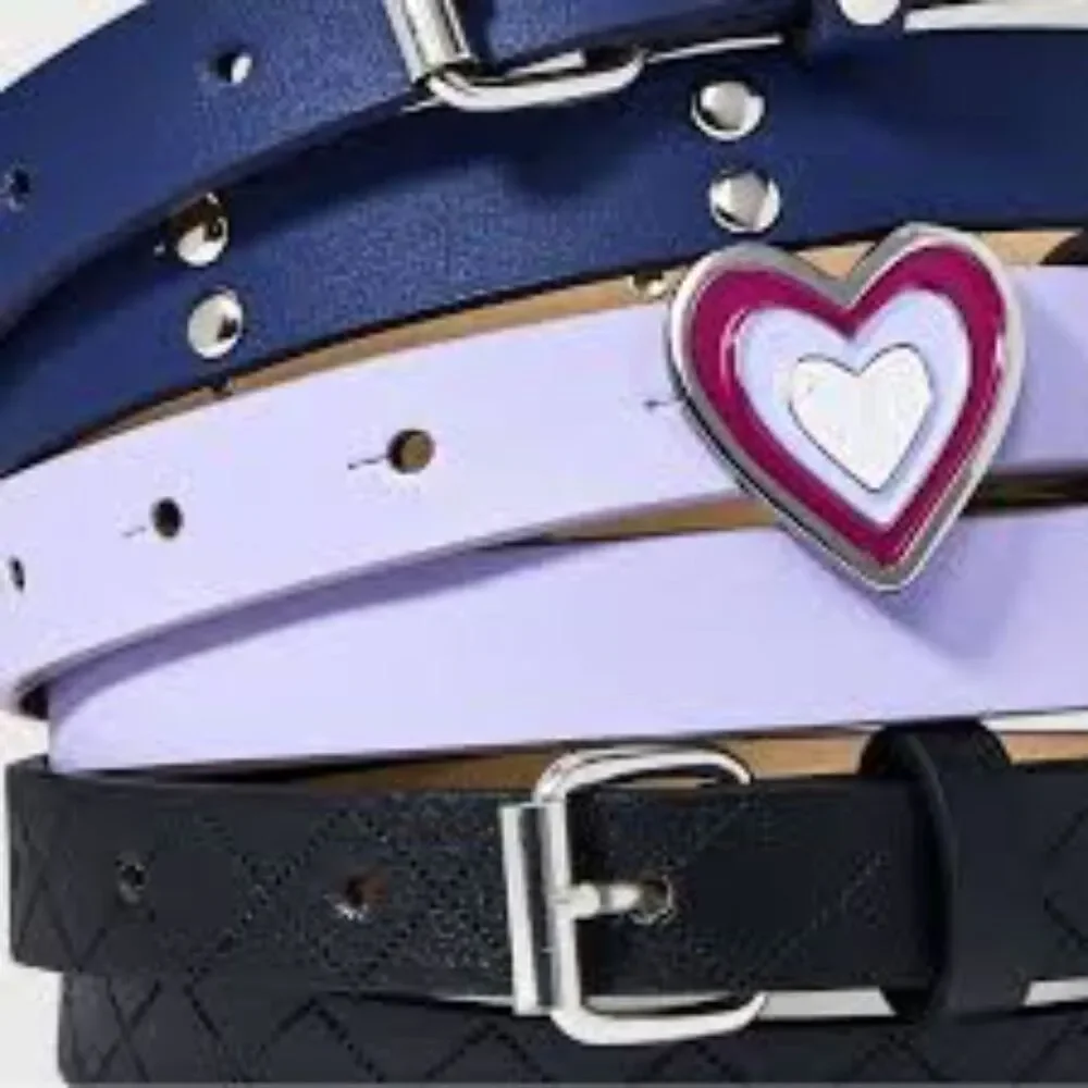 Cat & Jack Blue/Purple/Black Girls 3pk Heart Buckle Studded Embossed Belt Set XL